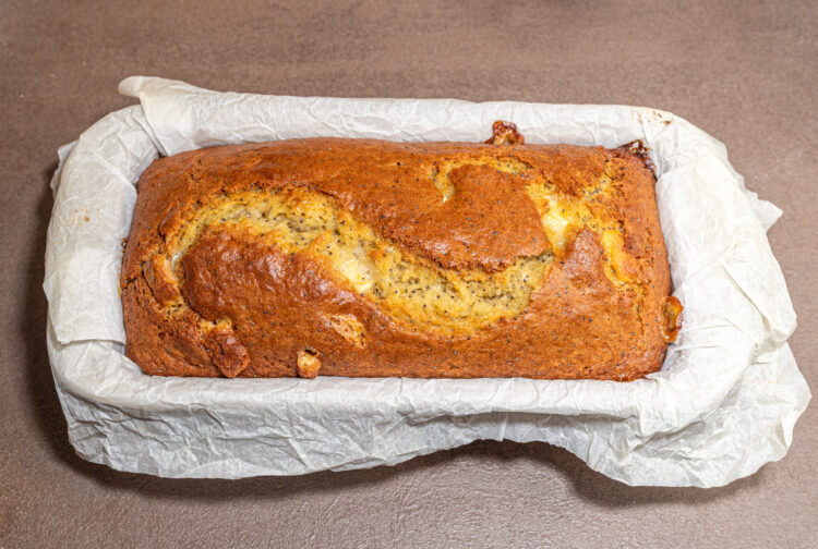 White chocolate poppy seed sweet bread in a baking dish.