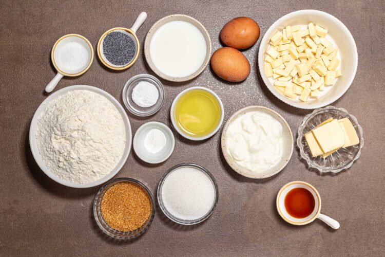 Ingredients for white chocolate poppy seed loaf cake.