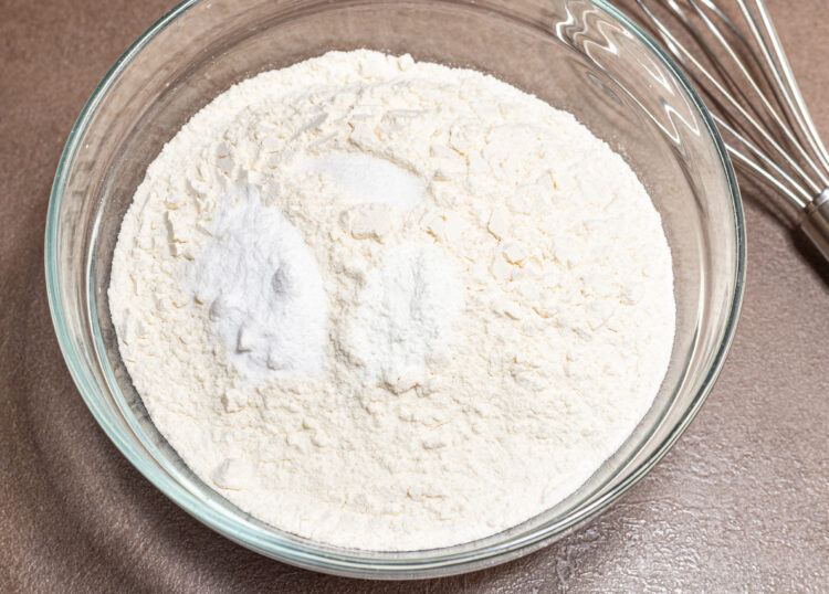 Bowl with flour, salt, baking powder, and baking soda.