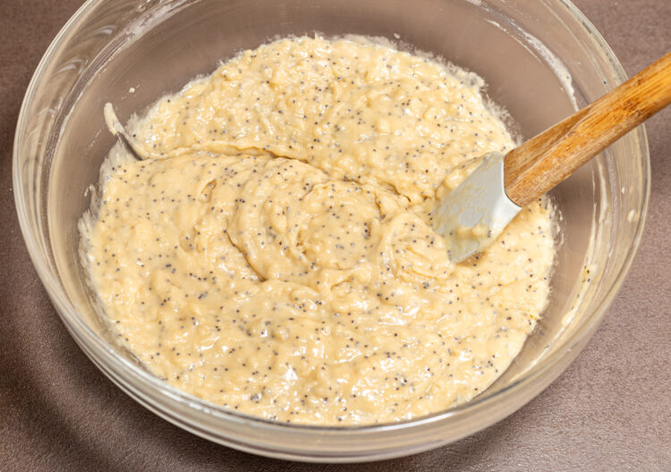 Poppy seed batter in a bowl.