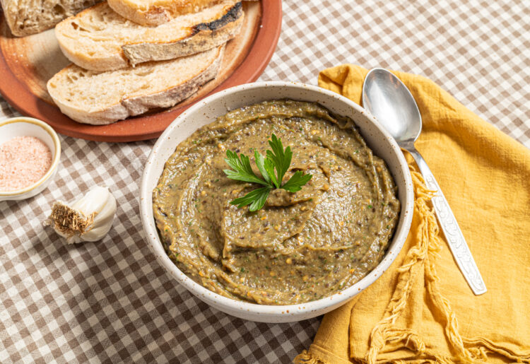 Roasted veggie spread in a bowl.