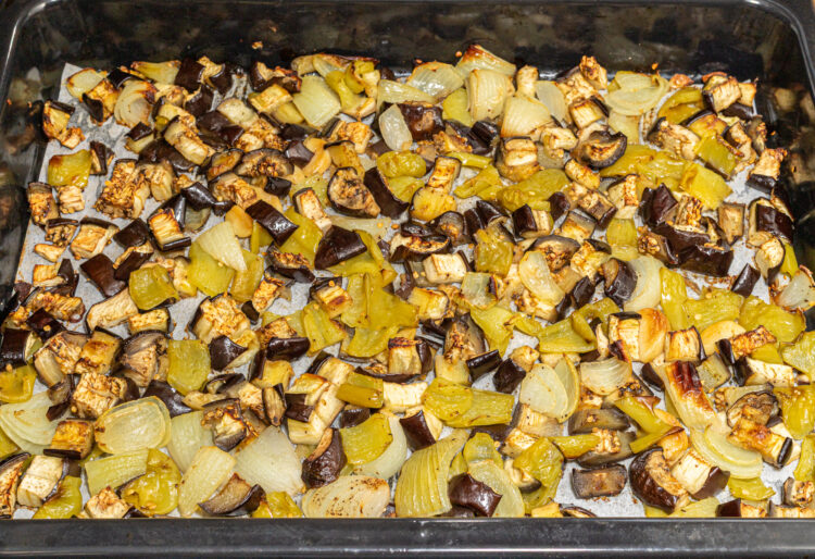 Roasted veggies on a baking tray.