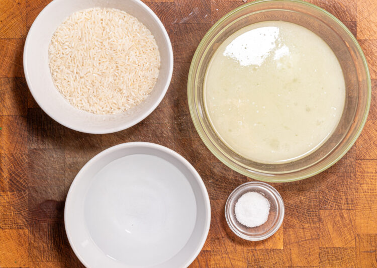 Ingredients for rice with chicken stock.